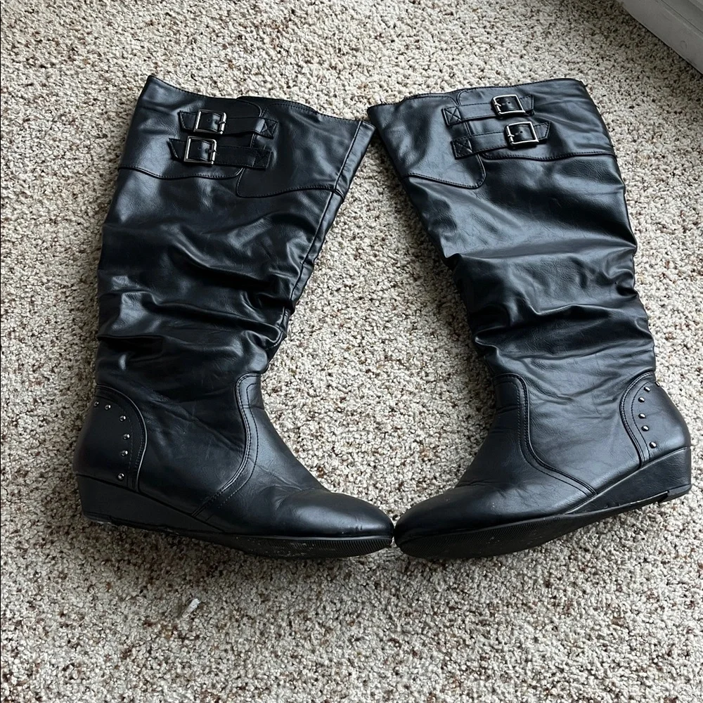 a new day Black wendy Over the Knee moto winter Boots faux leather